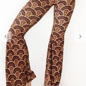 NWT Yoga Democracy Art Deco Vintage-Inspired Flare Pants in Brown Pattern